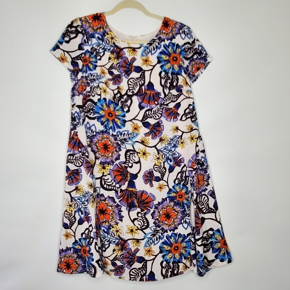 Betsey Johnson Floral Print CDC Dress Size 8 Short Sleeve Lined Colorful Garden